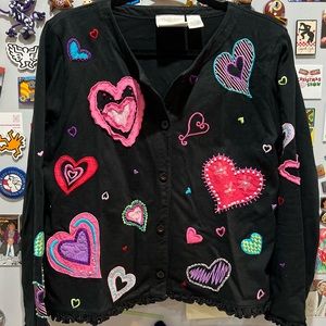 Michael Simon embroidered heart design cotton-cropped cardigan -Large- VG cond.